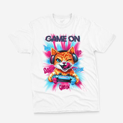 Game On Gamer Cat Graphic T-Shirt – Kids Gaming Cotton Tee