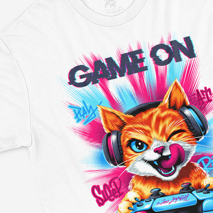 Game On Gamer Cat Graphic T-Shirt – Kids Gaming Cotton Tee